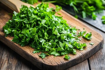 Chopping Fresh Parsley on Wooden Board, Cooking Action. Close-up, shallow dof. generative ai