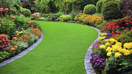A vibrant lawn in a well-maintained garden, with neatly trimmed grass and colorful flower beds.