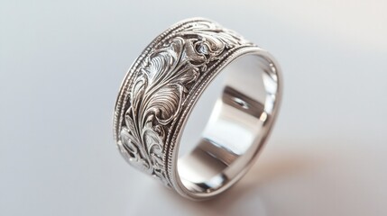 A close-up of a finely crafted silver ring with detailed engravings, set on a smooth white background to showcase its craftsmanship and aesthetic appeal.