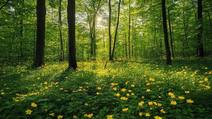 Obraz premium A vibrant spring forest with fresh green leaves and blooming wildflowers. The lush foliage and colorful flowers create a lively and rejuvenating natural environment.