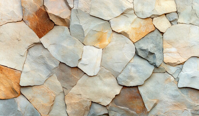  An image of an artistic stone wall with irregularly shaped stones in various colors, such as beige and gray. Created with Ai