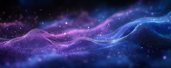 Obraz premium Abstract wavy tech background of glowing dots and lines, bokeh effect. AI generation.