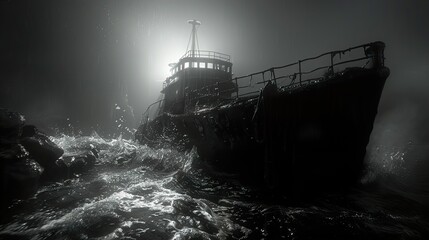 Shipwreck in a Stormy Sea: A Dramatic Black and White Image