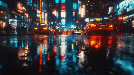 Naklejka premium Vibrant city street at night, illuminated with neon lights and wet pavement reflections.
