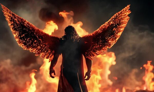 A powerful image of a dark figure with large burning wings standing in a fiery background, creating an intense, dramatic, and mythical atmosphere