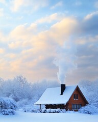 A cozy wooden cabin with smoke rising from the chimney, covered in snow, against a backdrop of a snowy forest and a cloudy sky.