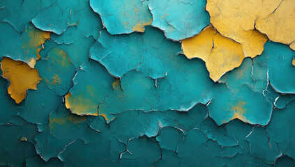Abstract background with cracked paint in turquoise and yellow colors. Created with Ai