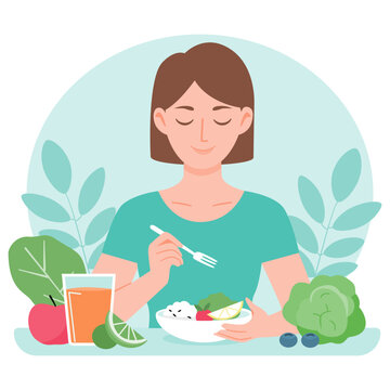 Woman Enjoying Healthy Balanced Meal with Vegetables