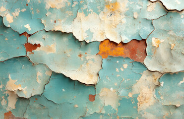 Colorful turquoise and beige cracked paint texture background. Created with Ai