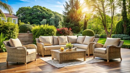 Fototapeta premium Enhance your garden or patio with this elegant and durable rattan furniture set, perfect for stylish outdoor living.