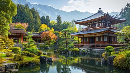 Fototapeta premium A tranquil Japanese garden featuring a serene pond, traditional architecture, and vibrant foliage amidst majestic mountains.