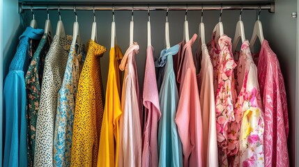 A vibrant collection of stylish shirts hanging neatly in a wardrobe, showcasing a variety of colors and patterns for fashion inspiration.
