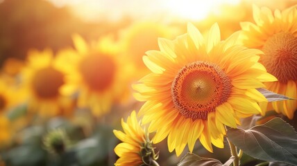 Fototapeta premium Vibrant sunflower field basking in golden sunlight, creating a warm and cheerful atmosphere.