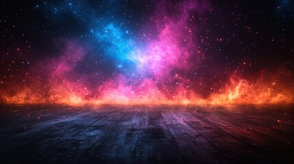 A colorful cosmic background with vibrant nebulae and fiery edges illuminating a wooden floor