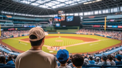 View of a baseball game from the stands with fans enjoying the atmosphere.