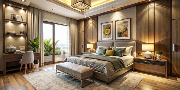 Experience a sophisticated 2 BHK flat design, highlighting a serene bedroom and contemporary decor touches that