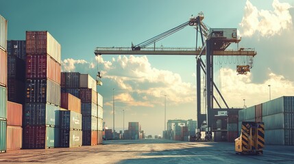 Fototapeta premium A vibrant port scene showcasing a large crane and colorful shipping containers under a dramatic sky, embodying industrial logistics.