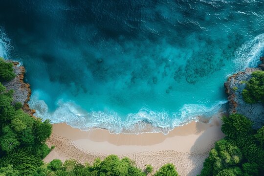 Beautiful blue ocean with a sandy beach and trees in the background. Aerial view