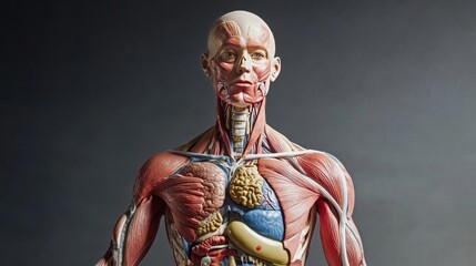 Present a realistic image of human body anatomy, featuring a lifelike model that displays detailed musculature, organ placement, and skeletal structure, illuminated to emphasize the complexity 