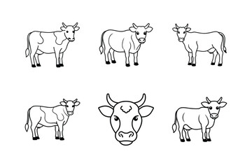 Dairy cow symbols line icon set. Cows in different poses vector set white background