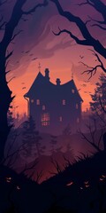 A house with a creepy vibe is shown in a forest setting. The house is surrounded by trees and has a spooky atmosphere