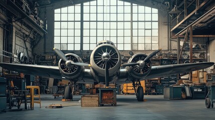 A vintage airplane stationed in a large, industrial garage with ample natural light pouring through the windows.