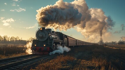 Naklejka premium A vintage steam train puffs clouds of smoke as it travels through a picturesque landscape during a golden sunset.