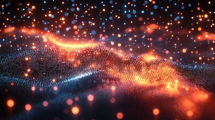 Obraz premium Abstract digital landscape with glowing particles creating a vivid wave pattern at night in a vibrant color palette