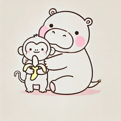 Obraz premium Cute moodeng pygmy hippo hugging a monkey holding a banana, line art
