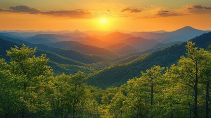 Breathtaking sunset over rolling green mountains in the Appalachian region during golden hour © Рудой Максим