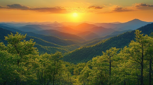 Breathtaking sunset over rolling green mountains in the Appalachian region during golden hour