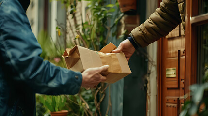 A delivery person handing over a food package at a doorstep, showcasing the convenience of food delivery services