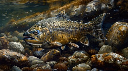 Salmon in a Riverbed: A Detailed Underwater Portrait