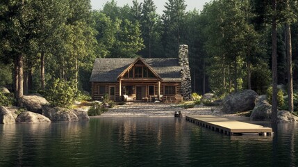 Obraz premium Create a charming lakeside cabin with wooden walls, a stone fireplace, and a dock extending into the water.