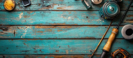 Top view of fishing tackle on rustic blue wooden background.