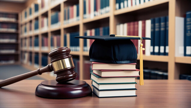 court judge gavel and textbook with a mortarboard on books in a library, ai generated