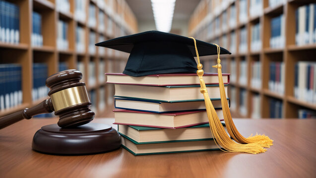 court judge gavel and textbook with a mortarboard on books in a library, ai generated