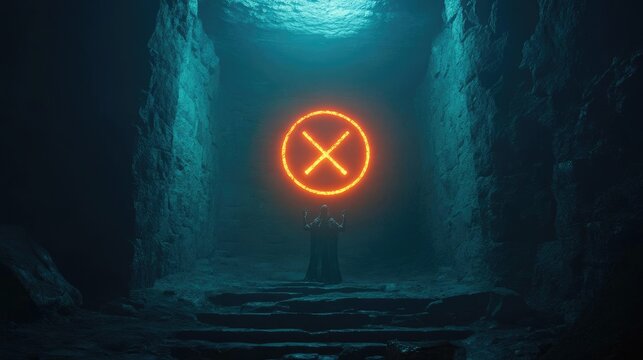 A cryptic symbol glowing in a dark cave, an anonymous demonic figure standing guard, their identity hidden behind layers of shadow, foreboding and sinister