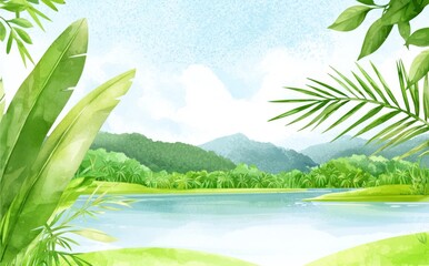 Obraz premium Wallpaper design with a tropical landscape, a lake and mountain, a vintage view, palm trees, and banana trees.