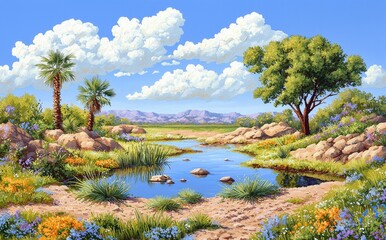 This tropical landscape wallpaper design features a lake and mountain, a vintage view, palms and banana trees, and a mural art backdrop.