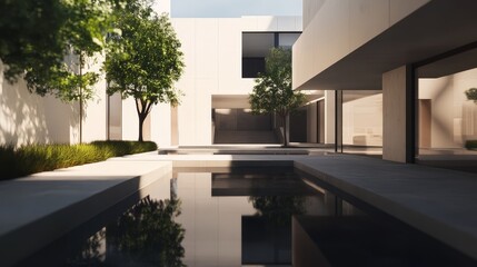 Create a minimalist house with clean lines, open spaces, and neutral colors. Show the house