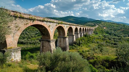 An iconic aqueduct stands tall against rolling hills and blue skies, showcasing stunning architecture and natural beauty.