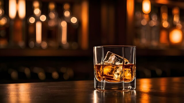 A glass of beautifully aged whiskey on the rock sit on a wooden bar table. In the background is a shelf of liquor bottle lit up with warm orange light. - Powered by Adobe