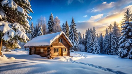 In a quiet winter scene, an isolated wooden house rests amidst a snowy expanse, framed by snow-covered trees,