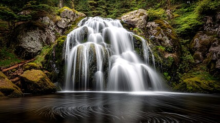 Fototapeta premium A cascading waterfall flows over moss-covered rocks into a still pool of water in a lush forest.