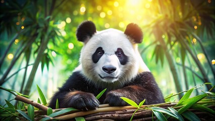 Fototapeta premium In a serene bamboo forest, a delightful giant panda rests, its unique black and white coat beautifully highlighted