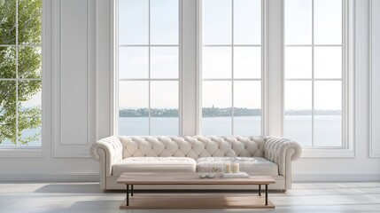 Elegant minimalist living room with a cream tufted sofa, a low-profile wooden coffee table, and tall windows with a panoramic view of a calm bay