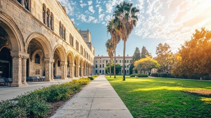 Obraz premium Beautiful campus view showcasing arches, palm trees, and a vibrant sky, perfect for education and nature themes.