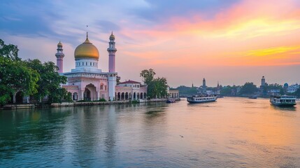 Fototapeta premium Beautiful sunset over a serene river with a stunning mosque, surrounded by lush greenery and vibrant colors.