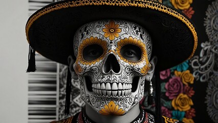 Fototapeta premium skull and crossbones, Mexican man wears skull makeup 